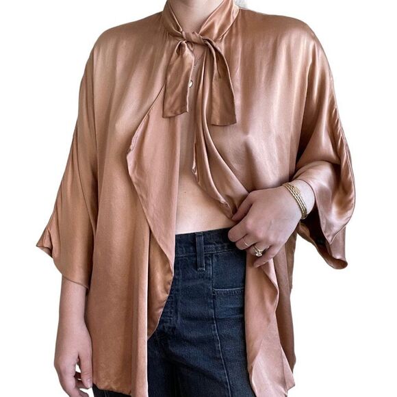 Catherine Gee Womens Champagne Pink Nude Silk Tunic Kimono Blouse Jacket Sz M - Picture 6 of 9